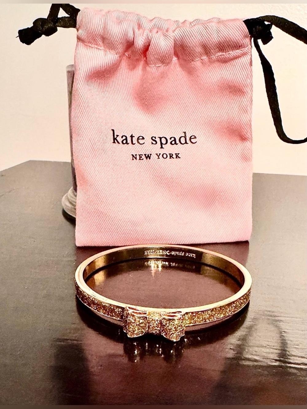 Kate Spade Gold Glitter Bow Bangle Bracelet With Kate Spade Dust Bag